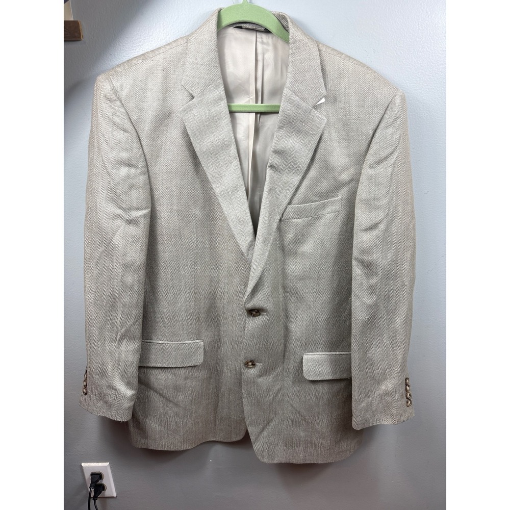 Jos A Bank 44L Herringbone Blazer‎ Sport Coat Tan Beige Tailored Fit Mens